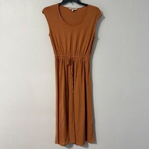 People Tree Organic Cotton Midi Dress Terracotta Orange‎ Drawstring Waist US 6